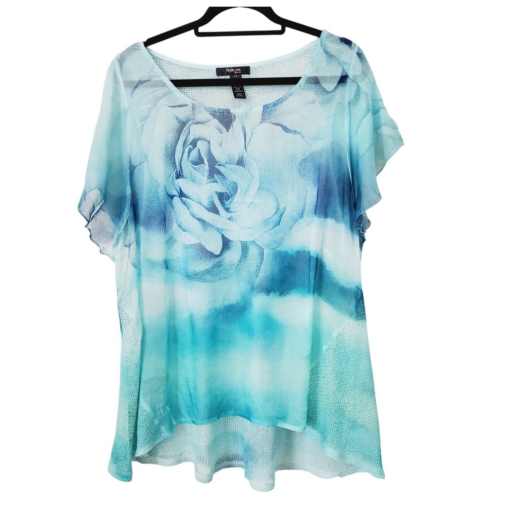 Style & Co Woman Blue Floral Print Sheer Mesh Tunic Top Plus Size 2X Succulent